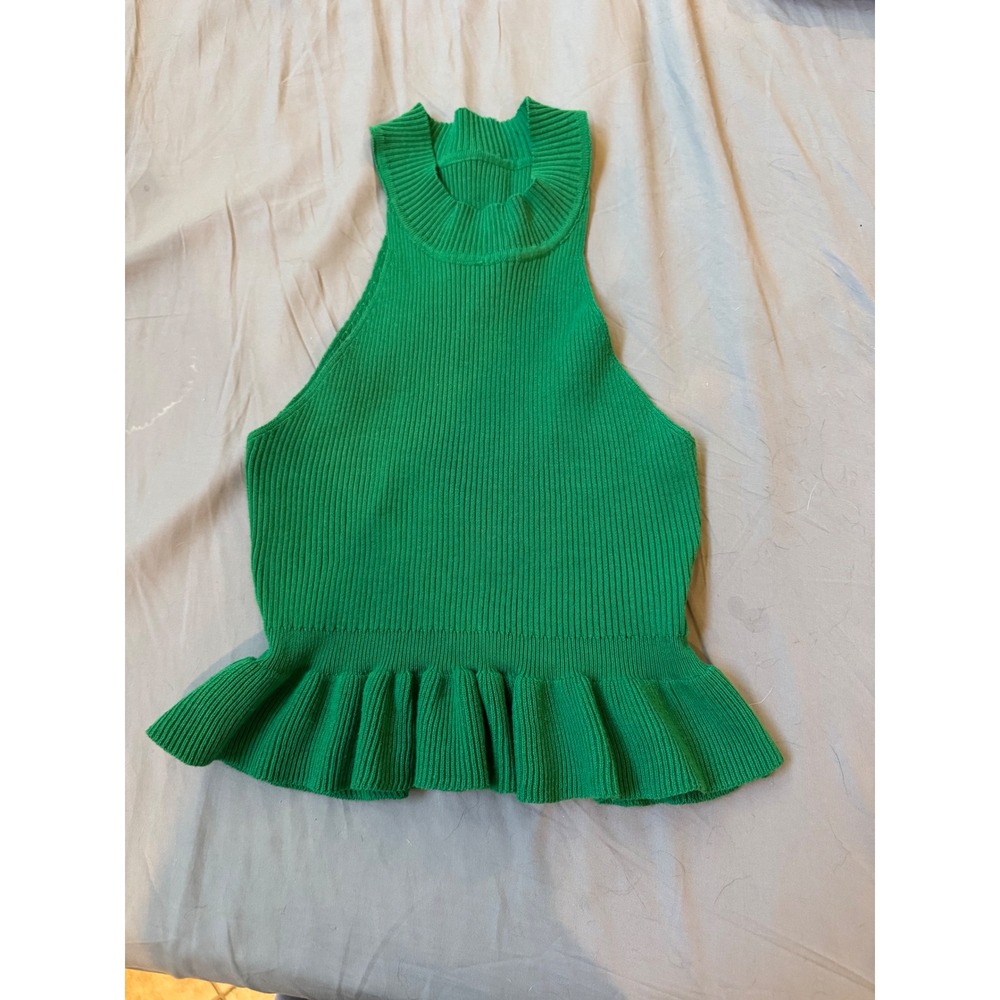Salant Green Ribbed Knit Halter Peplum Top Sleeveless High Neck Size M US 6